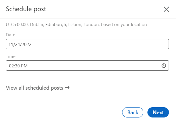 Adding your date and time scheduling a post on LinkedIn